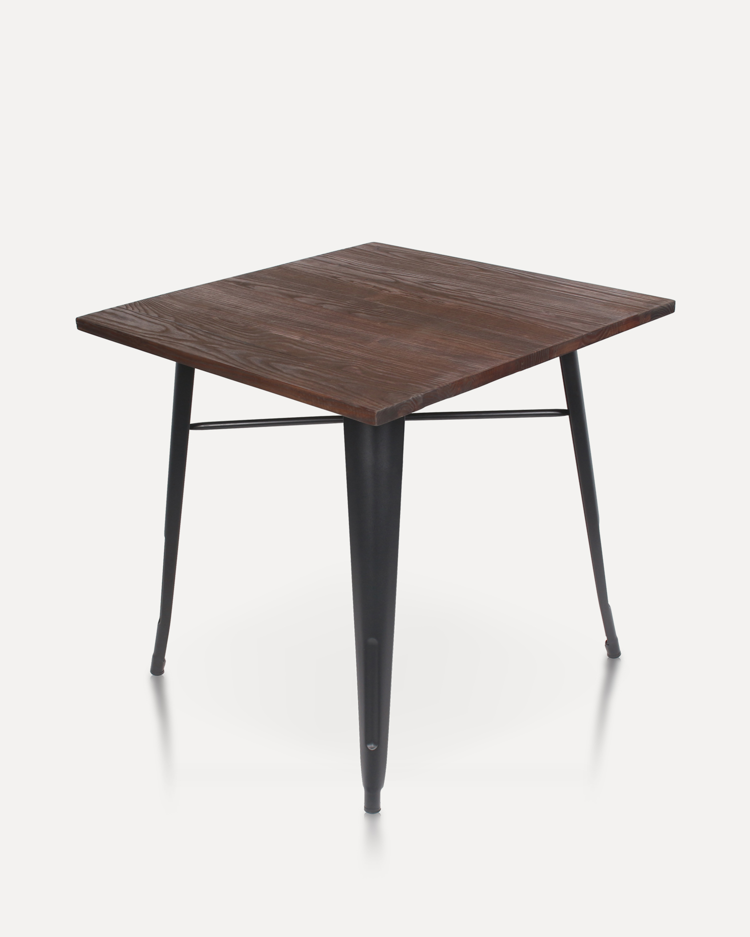 Mesa de jantar de madeira quadrada com pernas de metal